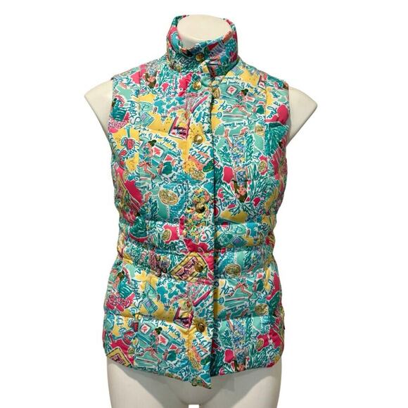 Lilly Pulitzer Lauren Puffer Vest Small In The Beginning Print Down Pockets - Picture 1 of 16